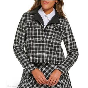 Karl Lagerfeld Paris Womens Plaid Tweed Jacket Faux Leather Collar L2GCU151 M